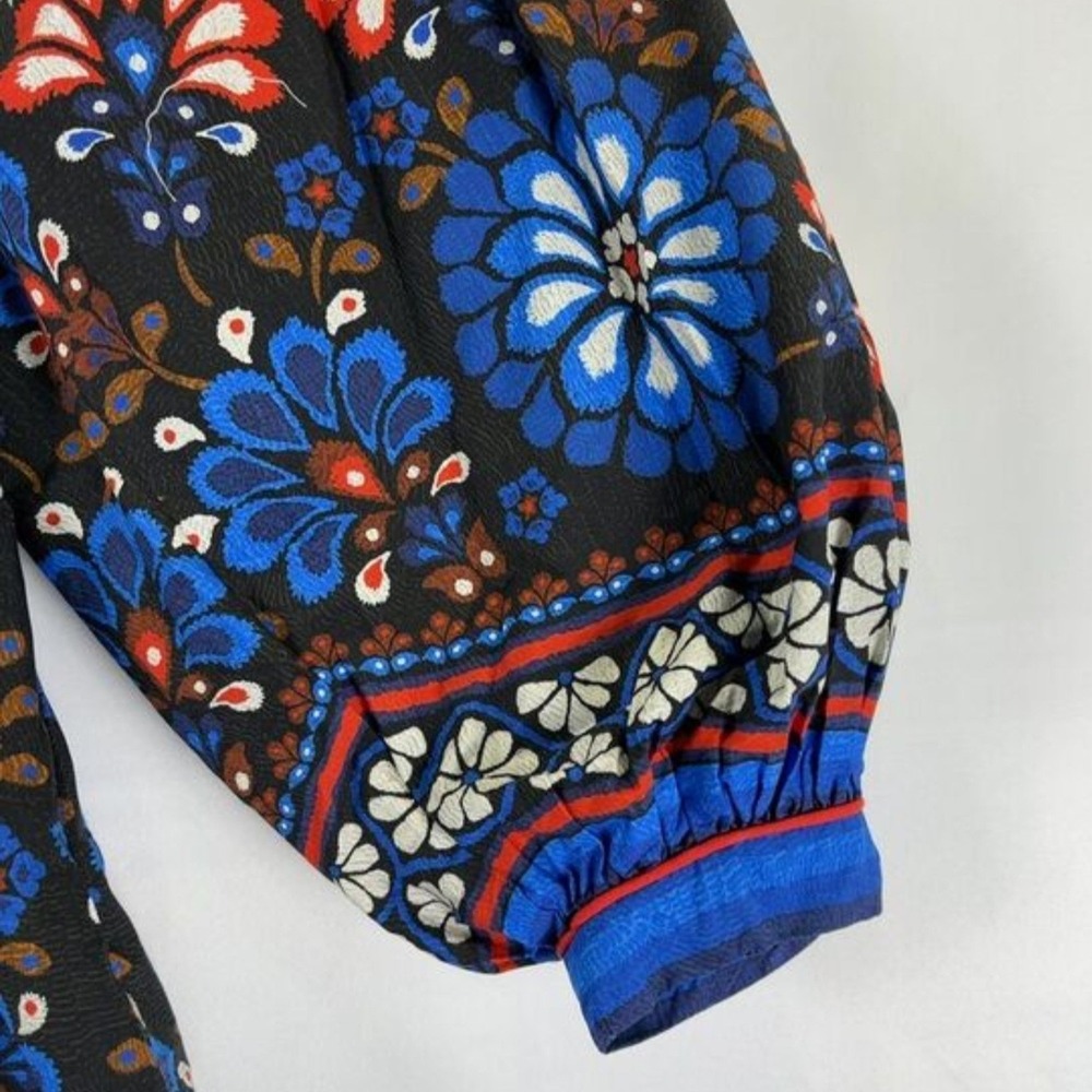 FARM RIO Latina Scarf Mini Dress Sz Medium Blue Mosaic Floral Cotton Long Sleeve - Picture 7 of 16